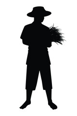 Asian farmer silhouette vector illustration, agricultural  harvesting concept isolated on white background.