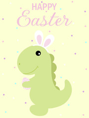 Happy easter greeting card with cute green smiling dinosaur. Happy Easter greeting card. Cartoon Character for Easter Holiday. Cute dinosaur for easter banner, poster or flyer.