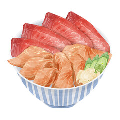 サーモンマグロ丼の手描き水彩風イラスト