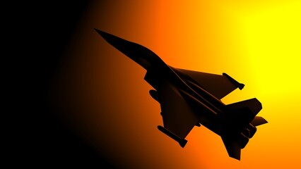 Silhouette illustration of a fighter plane against the background of the setting sun. 3D CG. 3D illustration. - obrazy, fototapety, plakaty
