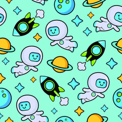 childish cosmic seamless vector pattern with astronaut. Comic style space background for wallpaper, print, textile, wrapping paper