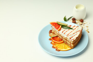 Concept of tasty food with pie with meringue, space for text