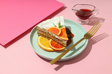 Concept of tasty food with pie with meringue on pink background