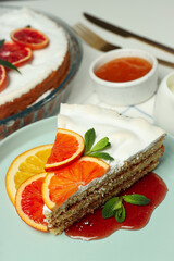 Concept of tasty food with pie with meringue, close up