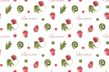 Seamless strawberry pattern. Watercolor illustration with berries and leaves