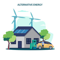 Alternative energy Vector. Smart house energy app, solar panels shop and charging station map