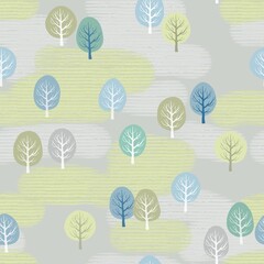 Light seamless pattern with silhouettes spring trees.