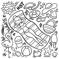 Set of kawaii hand drawn summer doodle vector illustration