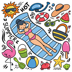Set of kawaii hand drawn summer doodle vector illustration