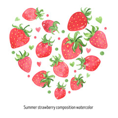 Juicy strawberry watercolor design comositions. Bright red berries cute strawberry. Summer botanical illustration. For packages, cards, logo. Summer sweet and bright fruits and berries