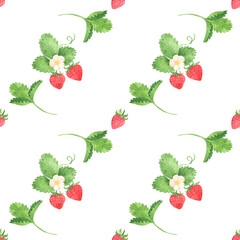 Juicy strawberry watercolor seamless pattern design. Bright red berries, green leaves, flowers. Summer illustration. Packaging, print, background, textile, fabric, digital paper. Sweet bright  berries