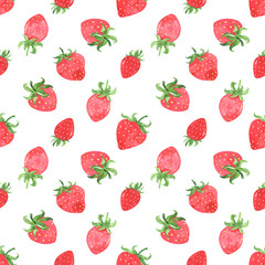Juicy strawberry watercolor seamless pattern design. Bright red berries, green leaves, flowers. Summer illustration. Packaging, print, background, textile, fabric, digital paper. Sweet bright  berries
