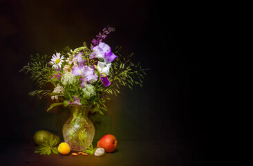 Still life, wildflowers with objects and fruits.
