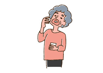 薬を飲んでいる高齢女性　コミカルな手書きの人物　ベクター、線画にカラー