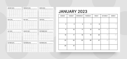 Monthly calendar template for 2023 year. Week Starts on Monday. Wall planner in a minimalist style. 