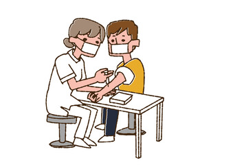 男性に注射をしている女性看護師（マスク）　コミカルな手書きの人物　ベクター、線画にカラー