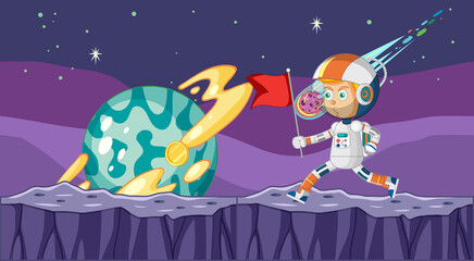 Scene with astronaut putting flag on planet
