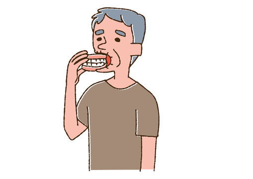recommend clip art: 入れ歯を外している高齢男性　コミカルな手書きの人物　ベクター、線画にカラー