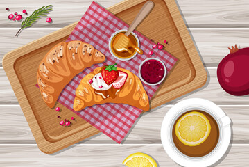 Top view of breakfast on a wooden tray