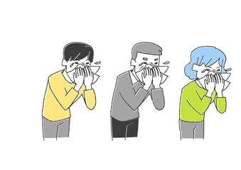 くしゃみをしている人物セット　コミカルな手書きの人物　ベクター、線画にカラー