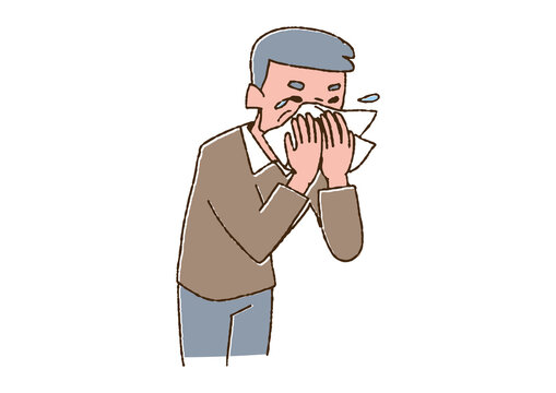 recommend clip art: くしゃみをしている高齢男性　コミカルな手書きの人物　ベクター、線画にカラー