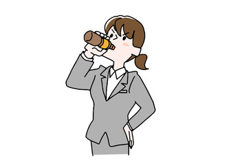 エナジードリンクを飲んでいるol　コミカルな手書きの人物　ベクター、線画にカラー