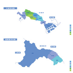 川崎市行政区・川崎市地図＋相模原市行政区・相模原市地図 雨の日カラーで色分けしてみた