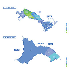 川崎市行政区・川崎市地図＋相模原市行政区・相模原市地図 雨の日カラーで色分けしてみた