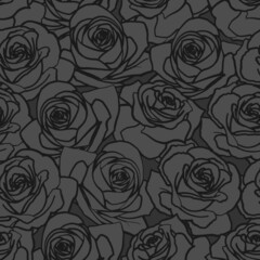 Vector seamless pattern. Black outline rose flowers on dark background