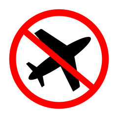 Obraz premium Stop or ban red round sign with airplane icon. Vector illustration. Forbidden sign. No flights. Flights banned