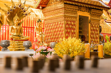 Buddha statue with row of coins in front