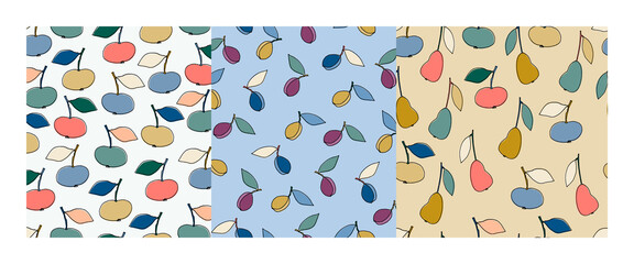 Seamless patterns set with apples for surface design, posters, illustrations. Isolated elements on light-coloured background. Healthy foods, veganism theme