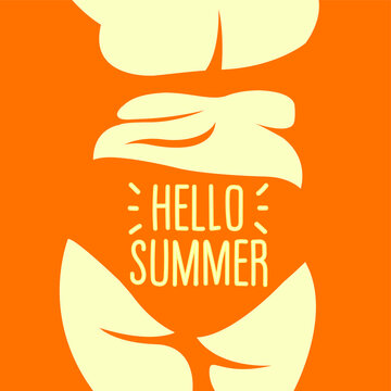 vector image. silhouette of a juicy fat girl in a bikini stands with her back and is not embarrassed by the fat folds on her belly. every body is a bikini body. summer holidays. text "hello summer"