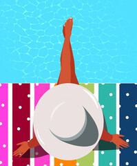 Digital illustration of a tanned girl on vacation in the tropics in a hat sitting in the pool
