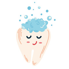 Tooth with paste. Clean happy cartoon tooth. Dental care. For children instructions on brushing teeth, printing and booklets. Vector Hand draw illustration isolated on the white background.