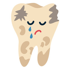 Tooth with caries. Sad cartoon tooth with a disease and a hole. Dental care. For children instructions on brushing teeth, printing and booklets. Vector Hand draw illustration