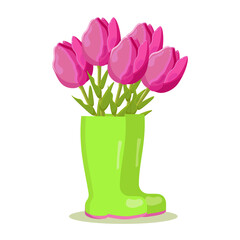 bright pink spring flowers tulips in rubber boots like in a vase
