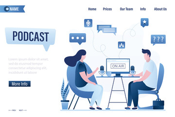 Radio host at workplace. Podcaster, blogger talking with guest. Media hosting. People create media content. Broadcaster at workspace. Podcast, landing page template. Audio studio.
