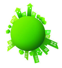 Building and City Illustration green style. Green city on world. Eco concept of green town