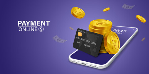 online payment via mobile phone.Coin on smartphone on purple background. Shopping through your smartphone without having to carry cash. Pay online through an online wallet on your smartphone.