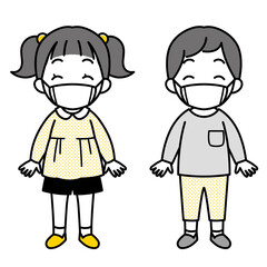 マスクをつけたにこにこ笑顔の小さな女の子と男の子（シンプル）