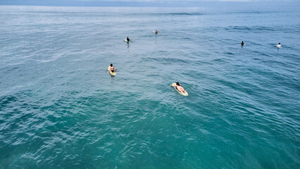 Aerial view of surfers waiting for the wave. Sri Lanka, Midigama