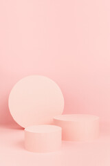 Modern geometric pastel pink stage with circle two podiums, round decoration mockup on soft light...