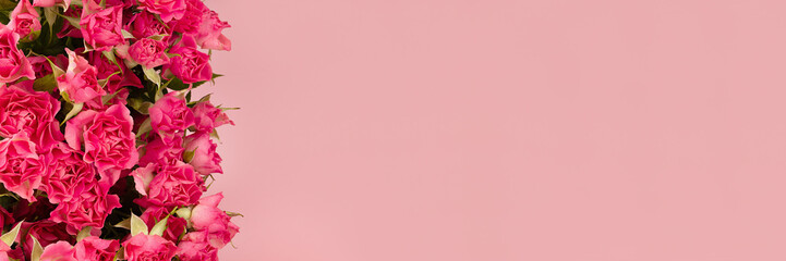 Fresh spring pink tiny spray roses as border on soft light pastel pink background, top view, copy space. Beautiful flowers banner for website, advertising, poster, card, flyer.