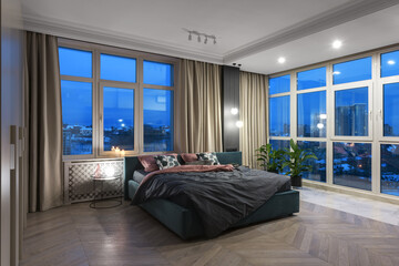 bedroom, evening bedroom, interior of a bedroom, bedroom in modern apartment	

