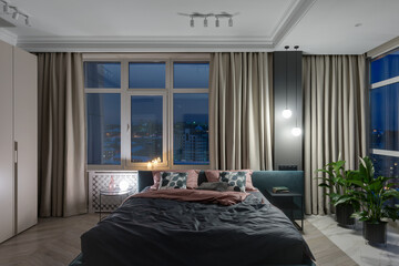 bedroom, evening bedroom, interior of a bedroom, bedroom in modern apartment	