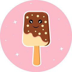 Creamy ice cream in chocolate glaze smiles sweetly. The theme of dessert and food.