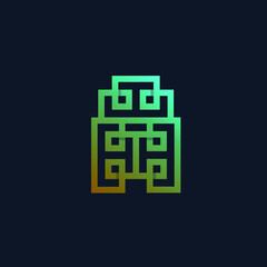 Real estate logo. House, building, construction icon isolated on dark background. Geometric style block of flats illustration. Architecture design. Bright neon color.