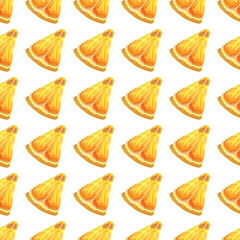 Lemon slice seamless watercolor pattern. Hand drawn illustration on white background. Triangular piece of ripe juicy fruit. Exotic citrus with pulp, zest, seeds. Backdrop for decoration, design