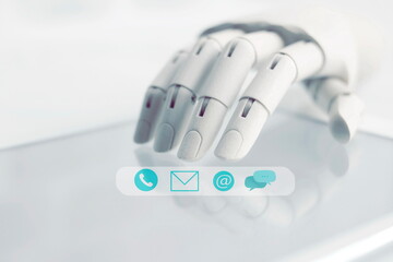 Modern robot hand. Global digital communication concept. Big data digital communication icon. Modern robot technology background.